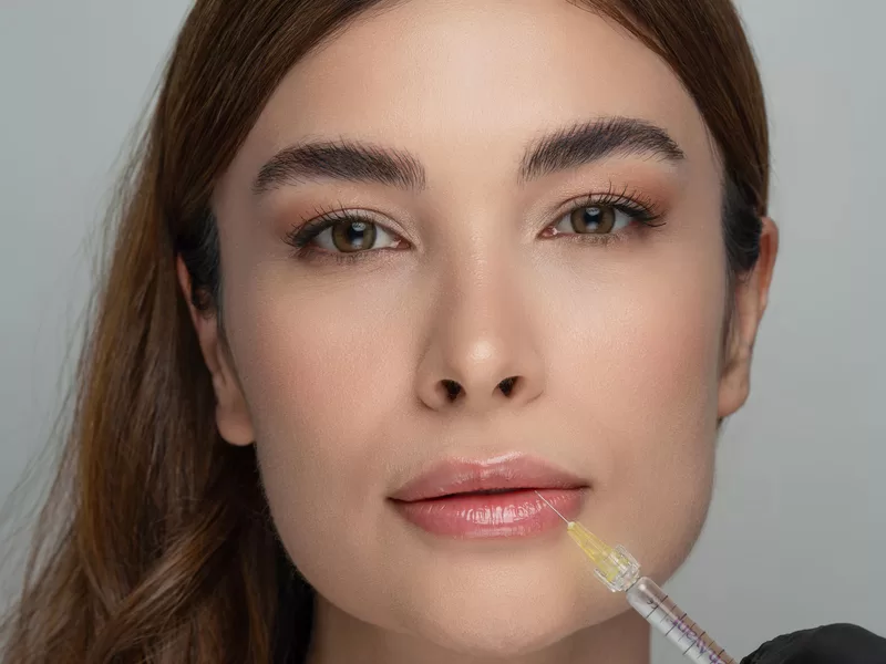 Procedimento de preenchimento facial em clínica estética